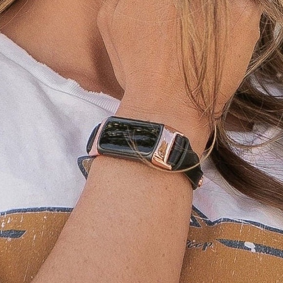 Fitbit Charge 5 Black Leather Band Slim Strap Rose Gold Women Jewelry Wristband - Picture 1 of 9